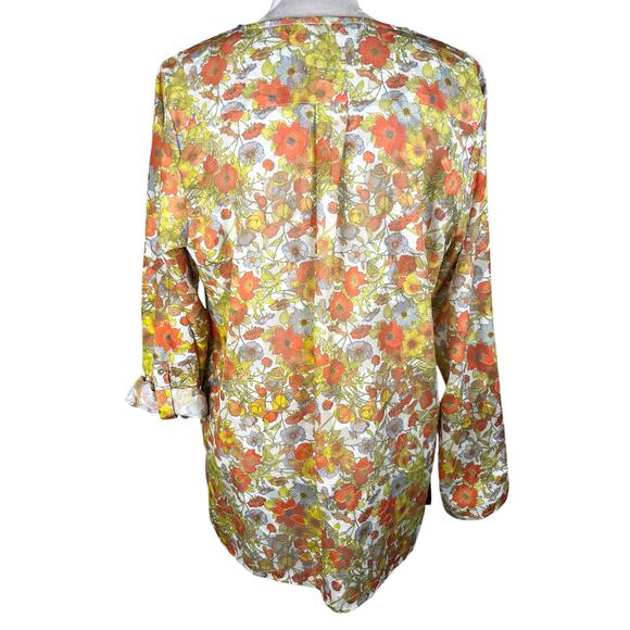 Multiples Top Blouse Retro Floral Large L Semi-Sheer 70s Roll Tab Sleeves - Picture 2 of 9